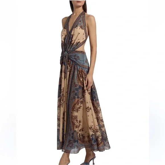 NWOT Zimmermann Beige and Blue Paisley Halter Tie-Waist Maxi Dress - Picture 3 of 12